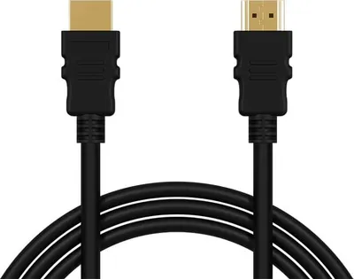 A black HDMI cable with gold-plated connectors, coiled in the foreground against a white background.