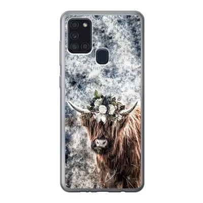 Produktbild von MuchoWow® Handyhülle Schutzhülle Hülle für Samsung Galaxy A21s Schottischer Highlander - Rauch - Blumen Silikon Softcase Handy Hülle - Hartschale