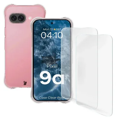 A pink phone case and two screen protectors are displayed next to a Google Pixel 9a phone.