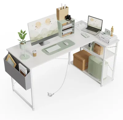 Immagine prodotto di Scrivania angolare a L - Scrivania per computer - 120 × 70 cm - 2 ripiani - Struttura in metallo - Per ufficio e gaming - Bianco