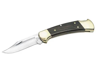 Obrázek produktu pro Kapesní nůž Buck, model Ranger 112, ocel 420 HC, dřevěné šupiny, mosazné střenky, kožené pouzdro