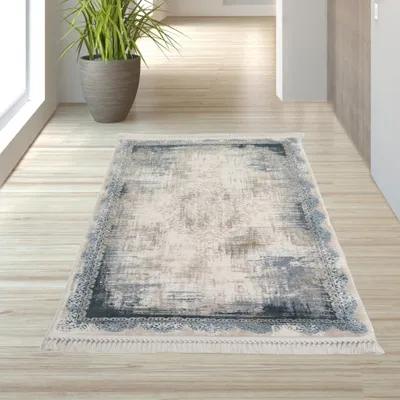 Image de Tapis avec motifs décoratifs et franges, bleu - 80 x 150 cm