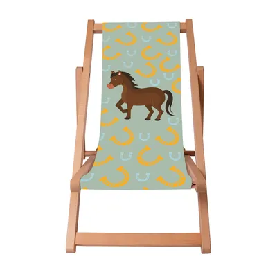 A wooden deck chair with a fabric seat featuring a cartoon horse and horseshoe pattern.