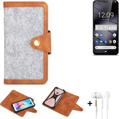 Produktbild von K-S-Trade Handyhülle + Kopfhörer kompatibel mit Gigaset GS290 Schutzhülle Filz Hülle Kunstleder hellgrau braun (1x)