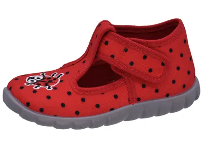Productafbeelding van Fischer Kinder, binnenschoenen voor meisjes, laarsjes, T-bandjes, gestreept, met lieveheersbeestjesprint, model 0510, maat: 24 EU, kleur: rood