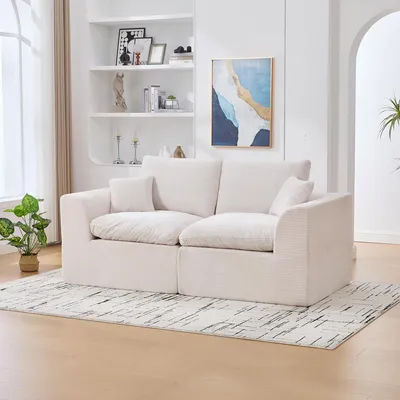 Immagine prodotto di MODFU Divano moderno in tessuto a due posti con cuscini in schiuma ad alta resilienza e morbido tessuto a coste, poltrona morbida e confortevole, Beige