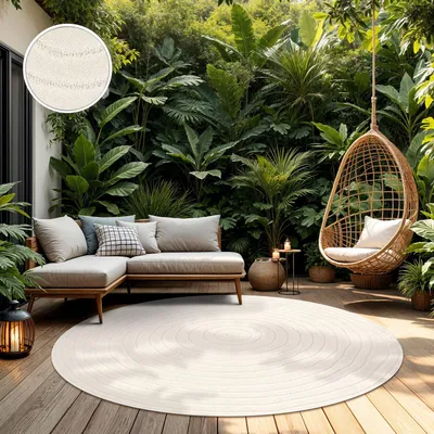 Produktbild von TT Home In-& Outdoorteppich Wetterfest Balkon Schlafzimmer Boho Skandi Motiv Unifarben Geometrische Optik Moderner Style Größe 160 cm Rund