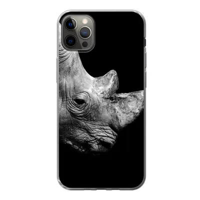 Produktbild von MuchoWow® Handyhülle Schutzhülle Hülle für iPhone 12 Pro Max Portrait Nashorn auf schwarzem Hintergrund Silikon Softcase Handy Hülle - Hartschale