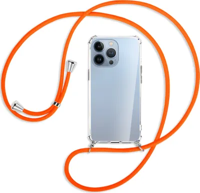 Produktbild von Handykette Backcover-Schutzhülle mit Band (Metall silberfarben) für Apple iPhone 13 Pro - neonorange