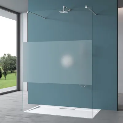 A modern shower enclosure with a frosted glass panel and a rainfall shower head.