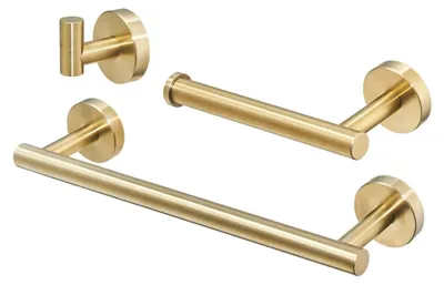 Produktbild von 3-teiliges Badzubehör-Set aus gebürstetem Gold, Wandmontage aus Edelstahl, inklusive 12-Zoll-Handtuchhalter, Toilettenpapierhalter, Robenhaken
