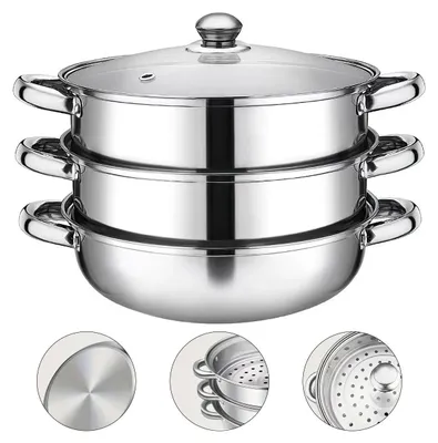 A stainless steel steamer pot with a glass lid, stacked in three layers. Three close-up circular insets show details of the pot's base, the stacked layers, and the perforated steamer insert.