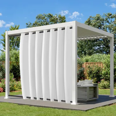 Produktbild von Outdoorvorhang mit Ösen Oben und Unten, Extra Breit Blickdicht Vorhänge Wasserdicht Wetterfest Gardinen für Balkon Pavillon, Grauweiß, B254xH213cm