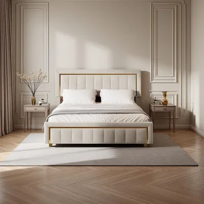 Zdjęcie produktu dla Łóżko ProximaX 160×200 cm w kolorze beżowym - Aksamitne obicie z pionową złotą lamówką, schowek pod łóżkiem - Nowoczesne łóżko do sypialni