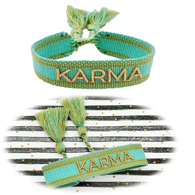Produktbild von LS-LebenStil Canvas Statement Armband Karma Türkis Gold besticktes Stoffarmband gewebt textiles Quasten Spruch Boho Geschenk Freundschaftsarmband
