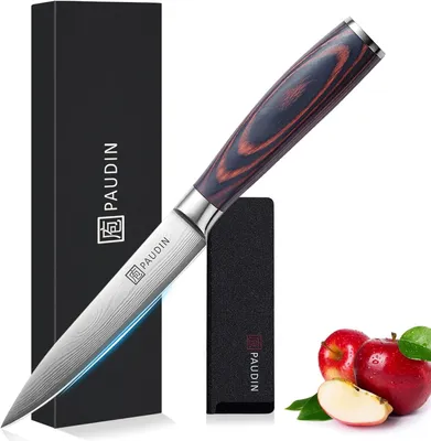 Produktbild von PAUDIN N7 Profi Allzweckmesser 12,5 cm – Damast Optik – Hochwertiger Edelstahl – Ergonomischer Pakkaholz-Griff – Inkl. Messerschutz