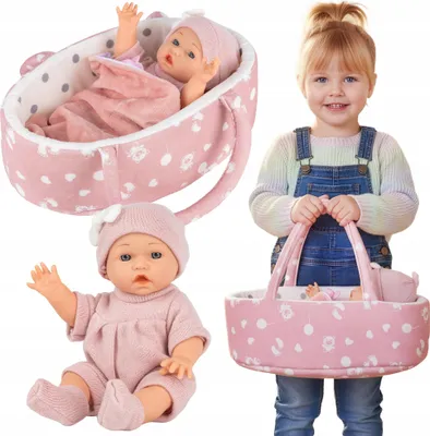 A young girl is holding a doll carrier with a doll inside, and another doll is sitting next to it. The image is composed of multiple shots to showcase the product.