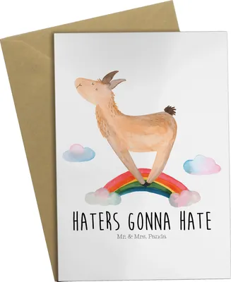 Produktbild von Mr. & Mrs. Panda Grußkarte Lama Regenbogen - Weiß - Geschenk, einladungskarten, Hobby, Selbstständig, Lamas, vatertagskarte, hochzeitskarten, Abi, osterkarte