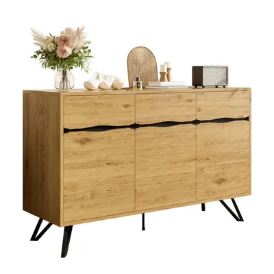 Produktbild von 3-Türiges Sideboard in Holzoptik mit Metallbeinen – Modernes Design, Viel Stauraum, Stabil & Pflegeleicht – Für Wohnzimmer,Esszimmer,Flur geeignet