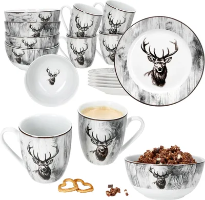 Image de Alois 18pcs Set de petit déjeuner Porcelaine Cerf Bols Gobelets Assiettes