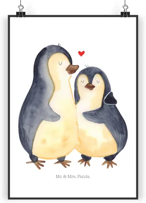 Produktbild von Mr. & Mrs. Panda Bild Pinguin umarmen DIN A3 - Weiß - Geschenk, Wanddekoration, Liebe, Umarmung Verliebt, Verknallt, Hochzeit, wanddeko, Hochzeitstag, wandkunst, Wandbild