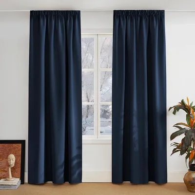 Image de Rideaux occultants avec bande froncée, chambre à coucher, dimensions 300 cm de hauteur x 140 cm de largeur, bleu foncé, lot de 2