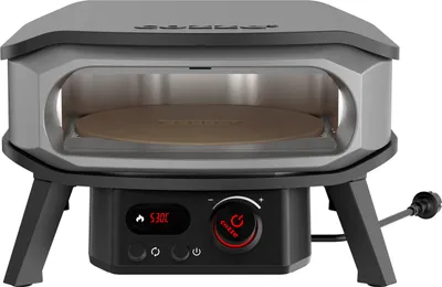 Produktbild von Cozze® Pizzaofen Premium Rotate 13 elektrisch, inkl. Pizzastein / Thermometer, Backtemperatur bis 450°C, Grillfläche 34 x 34 cm, Gerätemaße 32 x 53 x 56 cm, 2200 W, 230 V, Stahl / Cordierit, schwarz / grau"