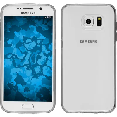 A clear silicone phone case is shown on the left, displaying the front of a Samsung Galaxy S7 phone with a blue abstract wallpaper. The right side of the image shows the back of the same phone in the clear case, with the Samsung logo visible.