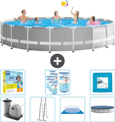 Produktbild von Intex Round Prism Frame Swimming Pool – 610 x 132 cm – Grau – inklusive Pumpe – Leiter – Bodenplane – Abdeckung Wartungspaket - Filter - Bodenfliesen