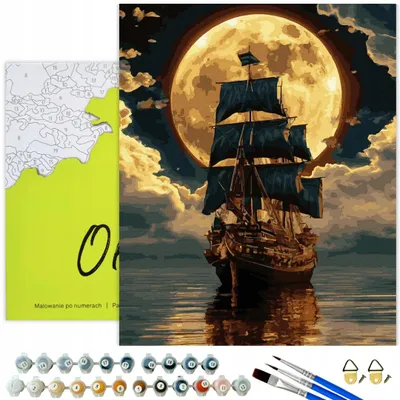 Produktbild von Oh Art! Malen nach Zahlen Meereslandschaft – Schiff und Vollmond 50x40 cm Schwarze Leinwand mit Goldfarbe 23 Farben mit Rahmen Acrylfarben Pinsel Set