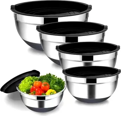 Produktbild von 4 sady nerezových misiek na miešanie Misa na šalát s vekom na servírovanie Varenie Pečenie Skladovanie