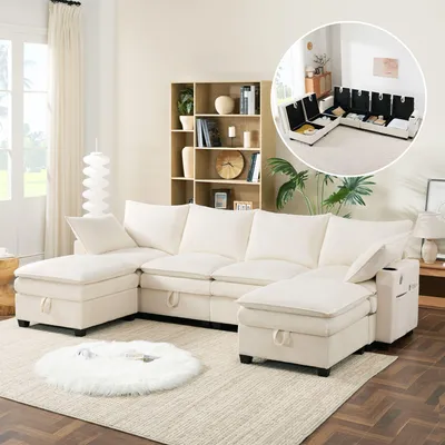 Image de Merax Canapé d'angle en L/U 6 places, avec pouf amovible, USB, compartiments de rangement, porte-gobelets, revêtement en velours côtelé Canapé modulaire, ensemble de canapés, Beige