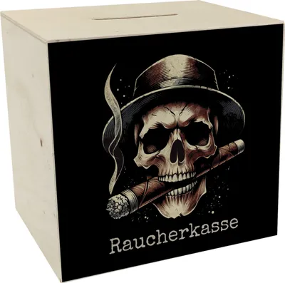 Produktbild von Raucherkasse mit Totenkopf Spardose aus Holz