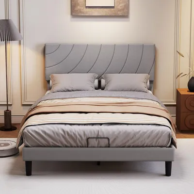 Produktbild von Doppelbettgestell 140x200 cm Polsterbett mit geschwungenem Kopfteil Metallrahmen Stahl Stauraum unter dem Bett Plattformbett geräuschlos Grau