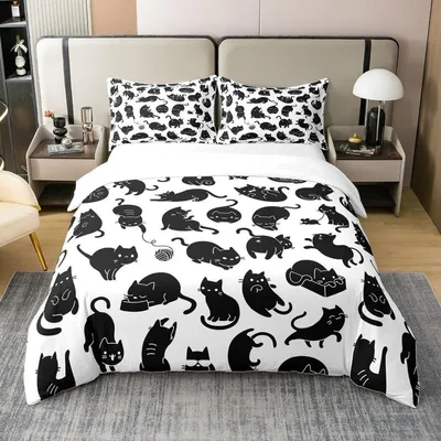 Produktbild von Bettwäsche-Set 135x200 cm 100% Baumwolle Katzenmotiv Schwarz Weiß mit 1 Kissenbezug 80x80 cm