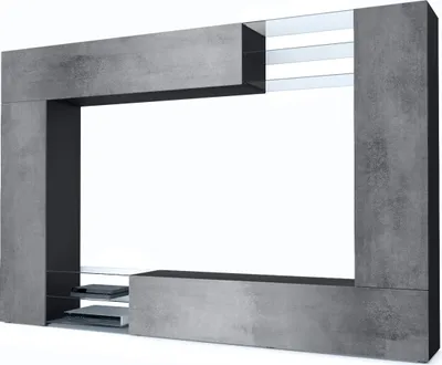Produktbild von Vladon Wohnwand Mirage,  Germany, Anbauwand mit Rückwand mit 2 Türen, 2 Klappen und 6 offenen Glasablagen, Schwarz matt/Beton Dunkel Optik (262 x 183 x 39 cm)