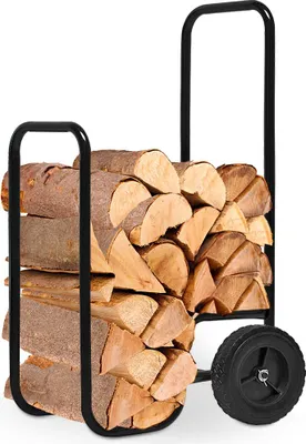 Image de GARDEBRUK® Chariot à bois 105x56x45cm 80 kg acier panier à buches cheminée chariot de transport roulettes bois de chauffage bûches diable noir