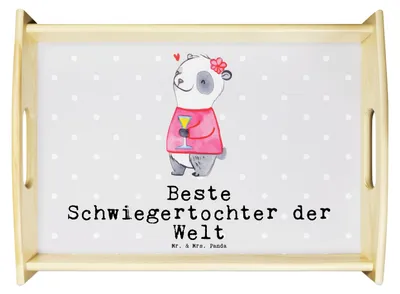 Produktbild von Mr. & Mrs. Panda sofatablett Panda Beste Schwiegertochter der Welt - Grau Pastell - Geschenk, Dekotablett, tablett zum servieren, Dankeschön, Servierplatte Holz, Servier