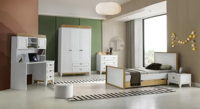 Produktbild von Garnitur Kinderzimmer Bett Kinderbett Kindermöbel Weiß Holz Set 5tlg