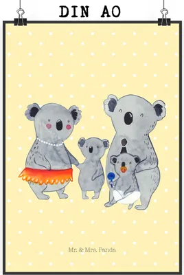 Produktbild von Mr. & Mrs. Panda Bild Koala Familie DIN A0 - Gelb Pastell - Geschenk, Plakat, Geschwister, Kinder, drucke, Wandbild, Family, Muttertag, kunstdruck poster, wanddeko