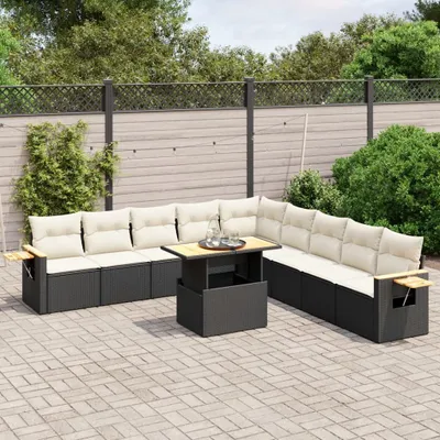 Produktbild von Design 11-tlg. Garten-Sofagarnitur mit Kissen Schwarz Poly Rattan, Gartenmöbel-Sets 2024 Neu
