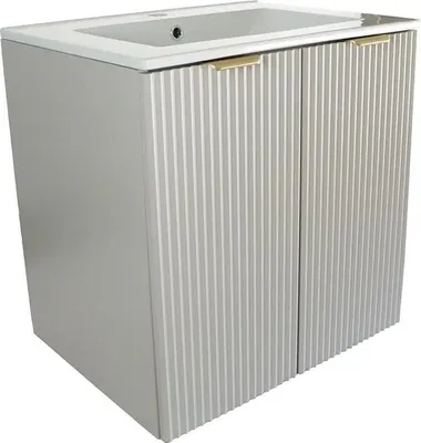 Produktbild von WENA Waschtischunterschrank mit Waschbecken, 2 Türen 60 cm, geriffelte Fronten, Griffe aus Metall in der Farbe Gold (Farbe: Kaschmir)