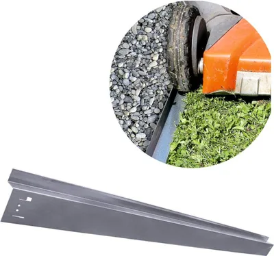 A close-up of a lawnmower wheel on grass and gravel, next to a metal lawn edge, and a separate image of the lawn edge.