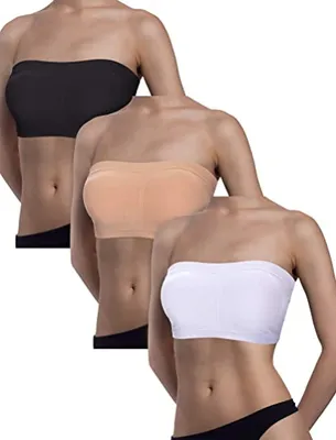 Produktbild von 3 Stück Damen Bandeau-BH, gepolstert, trägerlos, weicher BH, nahtlos, Bandeau-Tube-Top-BH, verschiedene Größen (schwarz, weiß und hautfarben),