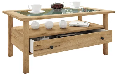 A wooden coffee table with a glass top and a drawer, displayed on a white background.