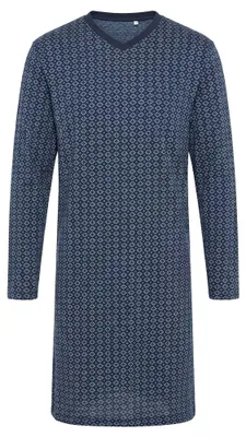 Image de Hajo, chemise de nuit à manches longues pour femme - Coton premium, 100% coton, décolleté en V, motif imprimé sur toute la surface, bleu foncé, taille XL