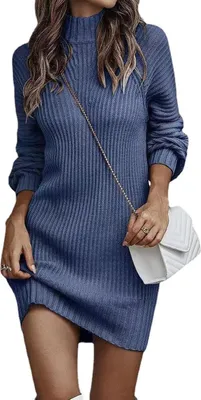 Produktbild von ASKSA Damen Strickkleid Rollkragen Pullikleid Elegant Pulloverkleid Freizeit Midikleid Tops, Blau, S