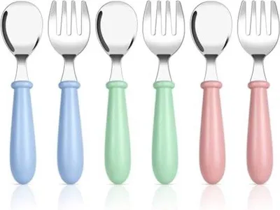 Image de Set de couverts pour bébé, 6 pièces, en acier inoxydable, pour l'apprentissage de l'autonomie alimentaire, cadeau pour enfants et bébés