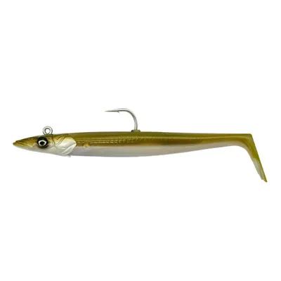 Produktbild von Savage Gear Sandeel V2 - 2 Gummifische + 1 Jigkopf, Größe / Gewicht / Farbe:12cm / 22g / Khaki