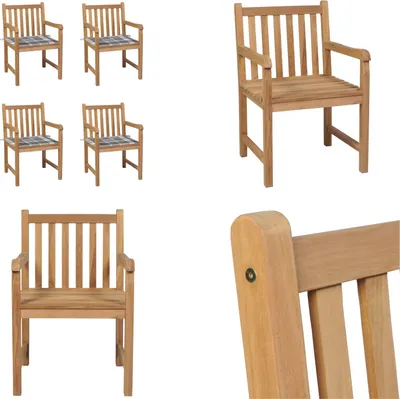 Image de vidaXL Chaises de jardin 4 pièces Coussins gris à carreaux Bois massif Teck - Chaise de jardin - Chaises de jardin - Fauteuils de jardin - Chaise en bois